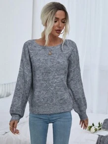 SHEIN LUNE 灯笼袖落肩针织套头衫秋冬毛衣 - 灰色 - 查看 5