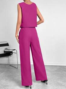 Siren Gaze Solid Tank Top & Wide Leg Pants Christmas Summer Casual - Hot Pink - View 2