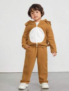 SHEIN Young Boy Cartoon Embroidery 3D Ears Design Hooded Jacket & Pants - Brown - View 4