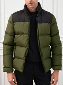 RueChic Men Two Tone Zip Up Puffer Coat - Army Green - View 1