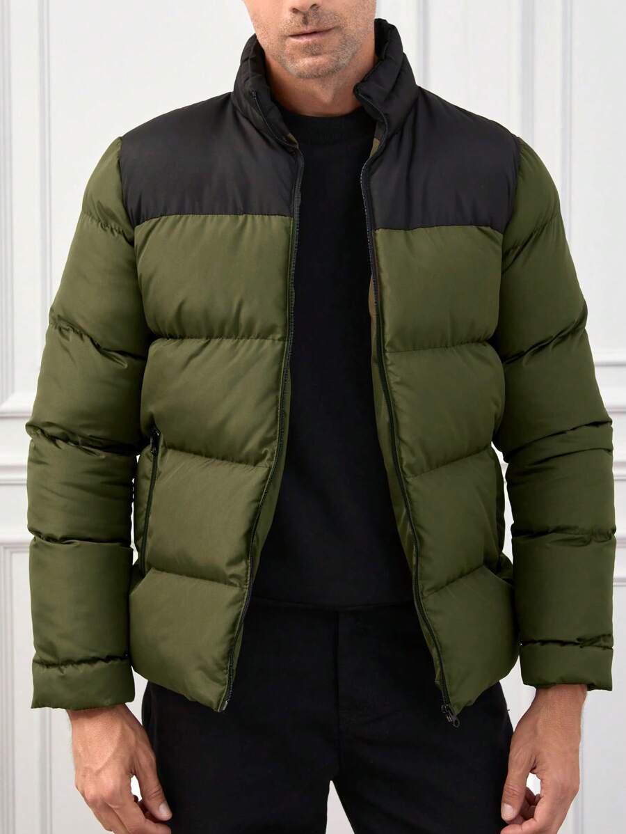 RueChic Men Two Tone Zip Up Puffer Coat - Army Green - View 1