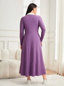 Mulvari Plus Contrast Collar Dual Pocket Dress - Purple - View 2