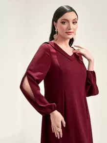 Modelyn Burgundy Red Lantern Sleeve Fuzzy Hem Dress - Burgundy - View 4