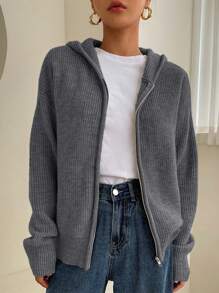 DAZY Drop Shoulder Zip Up Hooded Cardigan,Fall Clothes Jacket - Dark Grey - View 3
