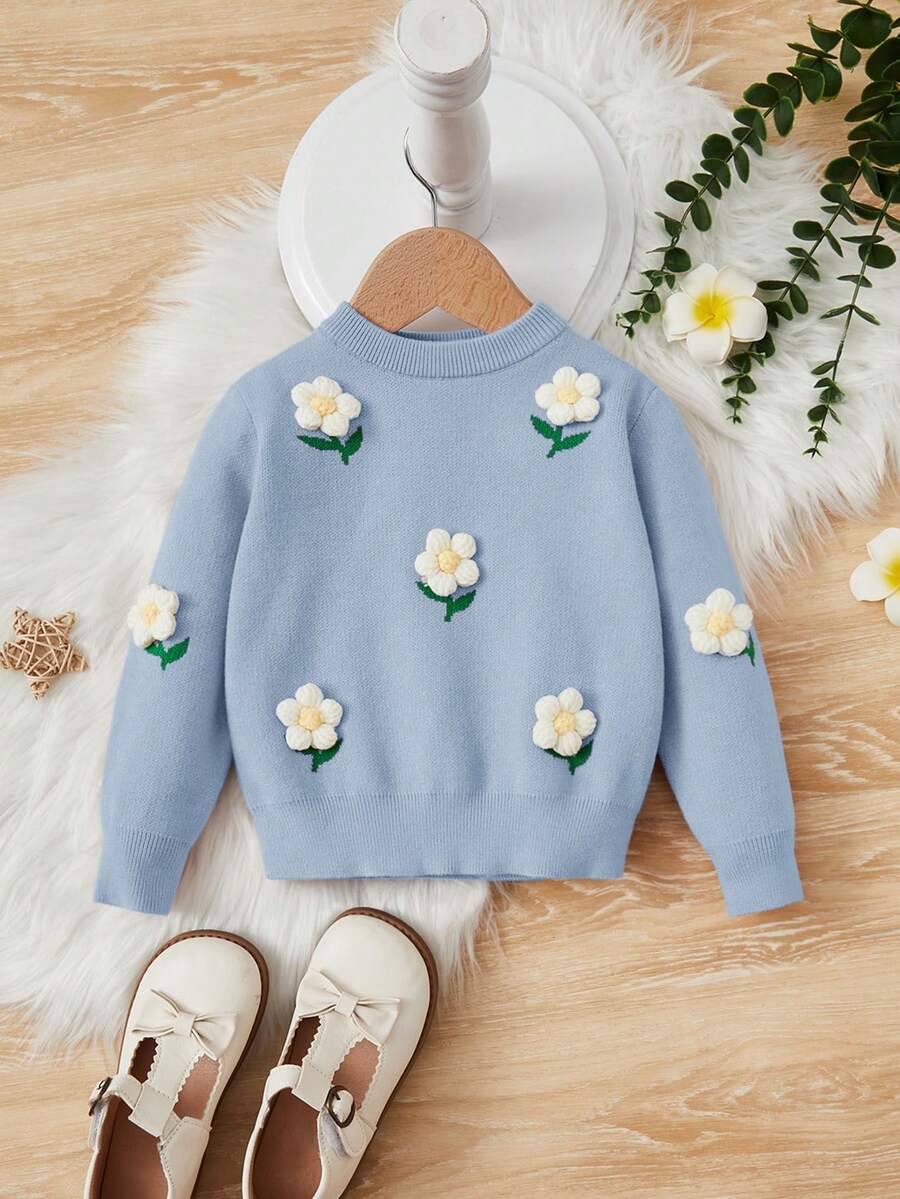 SHEIN Young Girl Floral Patched Sweater - Baby Blue - View 1