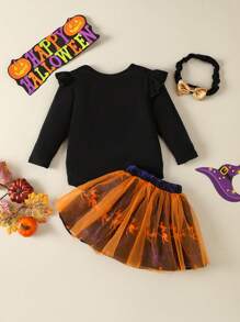 Baby Girl Letter Graphic Ruffle Trim Bodysuit & Bow Front Mesh Overlay Skirt - Multicolor - View 2