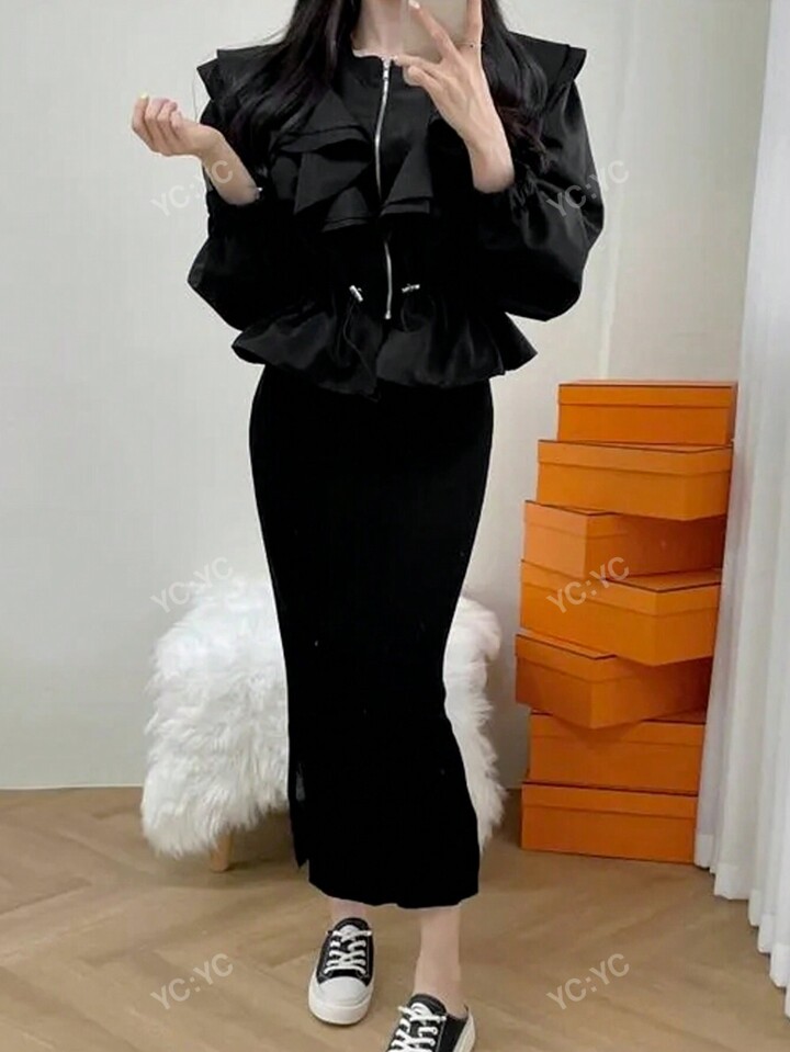 フリルトリム ドローストリング付き ジップブラウス | SHEIN JAPAN