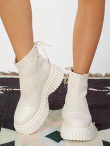 女性極簡風格套頭衫針織靴子時尚繫帶素色女性靴子