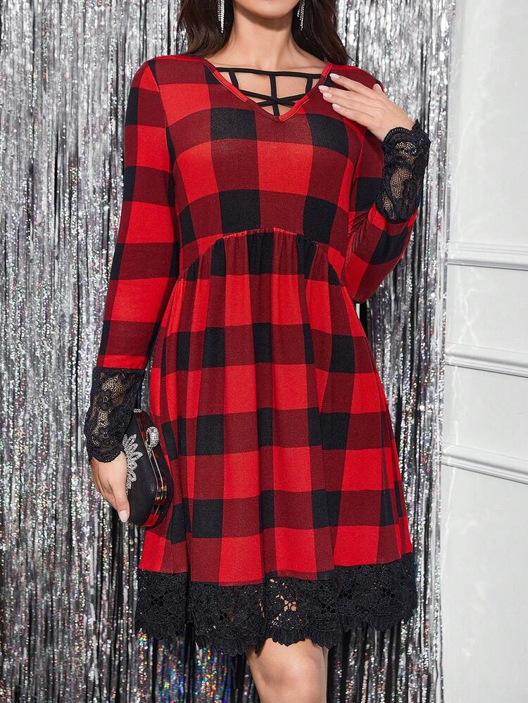 Buffalo Plaid Print Contrast Lace Hem Dress