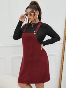 SHEIN EZwear Plus Patched Pocket Split Hem Overall Dress Without Tee, Winter