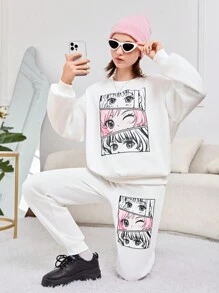 SHEIN Teen Girl Figure Graphic Drop Shoulder Pullover & Sweatpants - White - View 3
