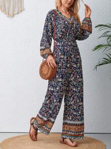 SHEIN VCAY 印花燈籠袖闊腿連體褲 - 彩色 - 查看 6