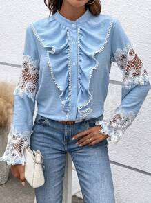 SHEIN Frenchy Ren tương phản Viền Ruffle Nút Lên Áo sơ mi - Màu xanh lam - Xem 2