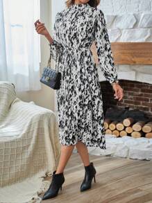 GENKIRA Allover Print Lantern Sleeve Belted Dress Fall Cloth For Women - Multicolor - View 4