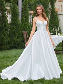 Contrast Mesh Cami Wedding Dress - Beige - View 4