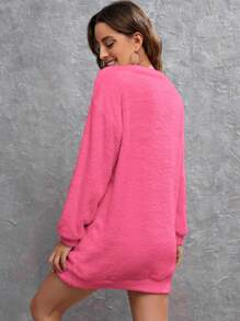 SHEIN LUNE 素色落肩袖絨毛衛衣洋裝 - 玫紅色 - 查看 2