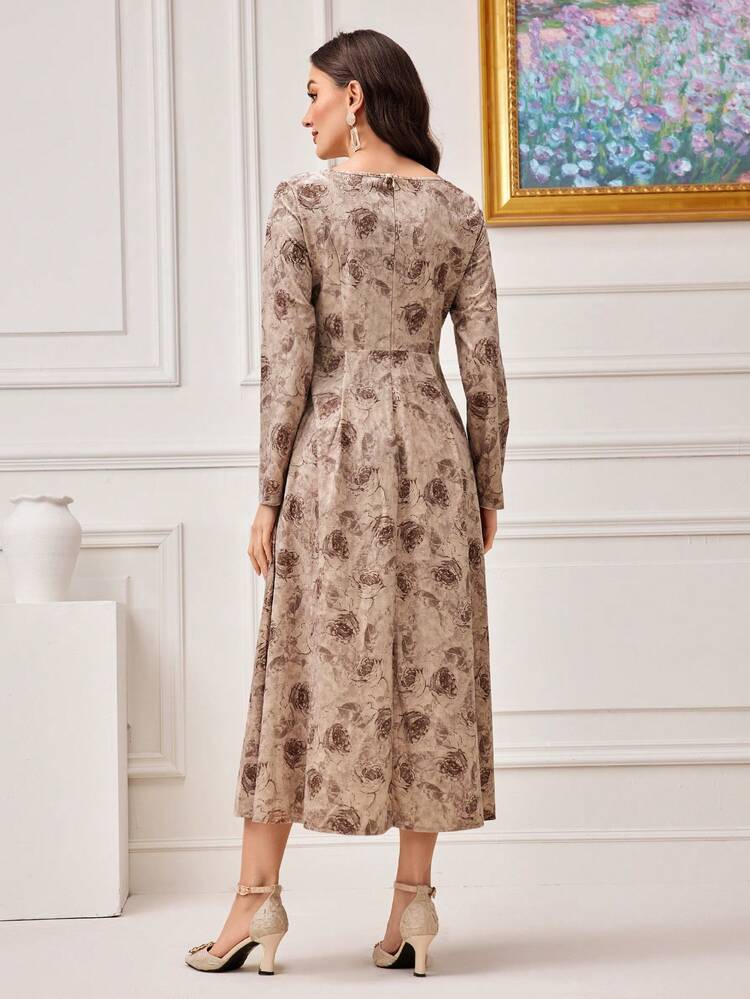 Floral Jacquard Fold Pleated Detail Dress Without Belt Fall Cloth For Women