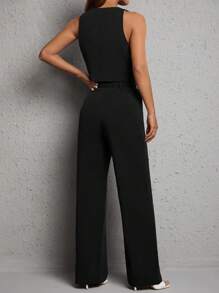 SHEIN PETITE Button Front Vest Blazer & Wide Leg Pants In Fall/Winter - Black - View 2