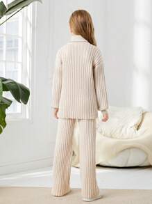 SHEIN Cô gái Tween Áo cao cổ Thả vai Áo len & Quần dệt kim - Màu be - Xem 2