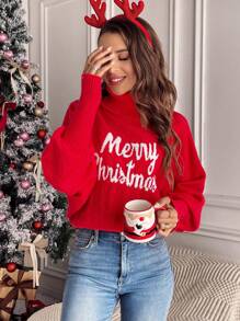 SHEIN Frenchy Christmas Letter Pattern Turtleneck Batwing Sleeve Sweater,Long Sleeve Tops