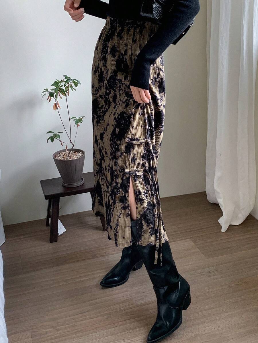 DAZY 扎染开衩裙摆半身裙度假装扮女装 - 咖啡棕 - 查看 1