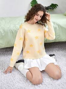 SHEIN EZwear Star Pattern Drop Shoulder Sweater - Yellow - View 5