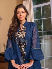 SISKAKIA Váy dài dự tiệc ngày lễ Abaya cho phụ nữ Hồi giáo cổ đứng khoét kim sa tay áo cánh hoa có thắt lưng - Màu xanh hải quân - Xem 7