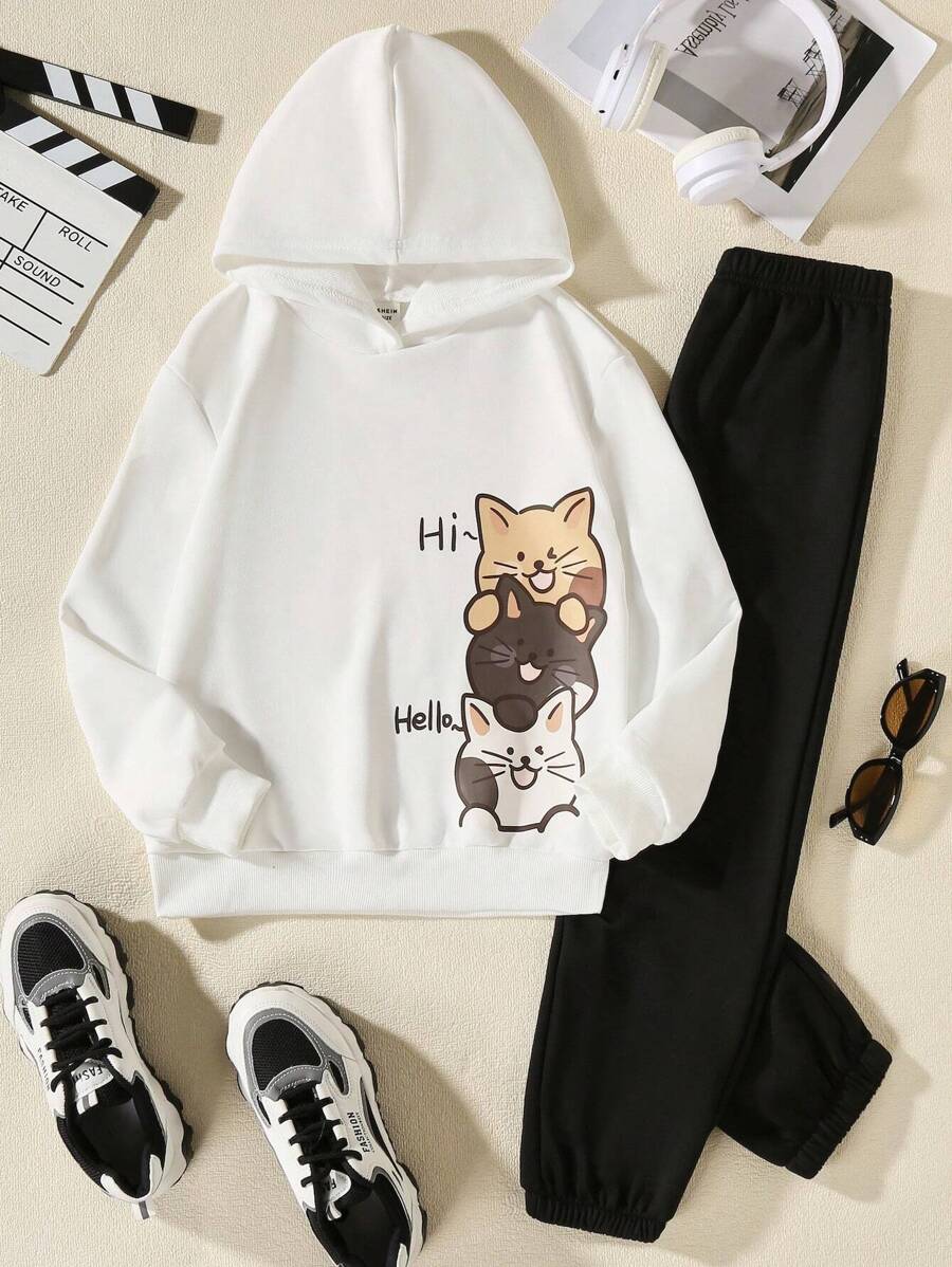 SHEIN 女大童卡通圖案連帽衫和運動褲 - 彩色 - 查看 1
