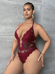 SHEIN SXY 大碼花卉蕾絲貝殼邊露背繞頸連身背心 - 紅色 - 查看 3