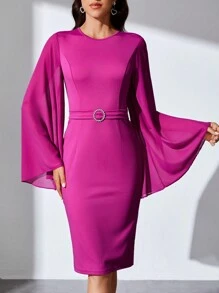 SHEIN Tall Trumpet Sleeve Bodycon Dress - Hot Pink - View 1