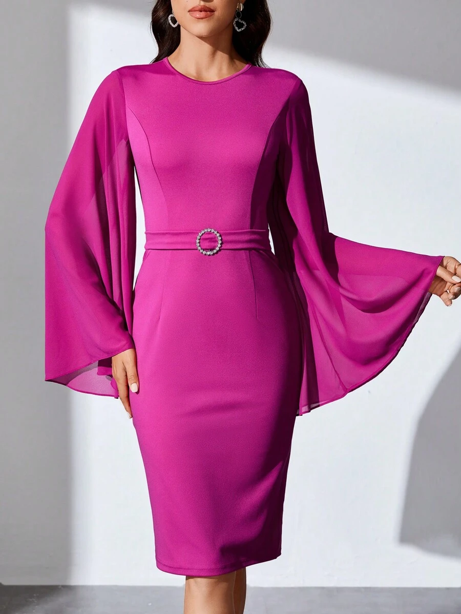 SHEIN Tall Trumpet Sleeve Bodycon Dress - Hot Pink - View 1