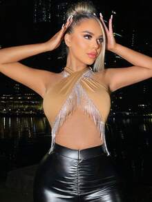 SHEIN SXY Fringe Trim Crisscross Backless Bodysuit - Apricot - View 5