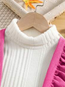 SHEIN Young Girl Turtleneck Tee & Ruffle Trim Suspender Skirt - White - View 5