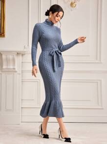 Modelyn 高領魚尾裙下擺腰帶毛衣洋裝 - 霧霾藍 - 查看 5