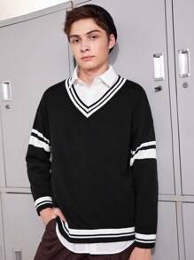 SHEIN Teenagers' Casual Loose Fit Striped Letter Printed Long Sleeve Sweater - Black and White - View 5