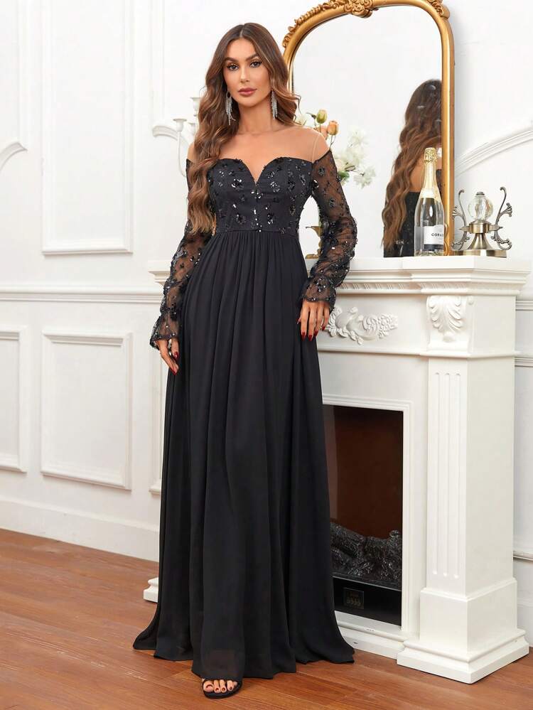 Off Shoulder Sequin Decor Formal Dress