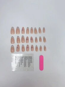 ROMWE Kawaii 24pcs Long Almond Floral Pattern Fake Nail & 1pc Nail File & 1sheet Tape - Multicolor - View 3