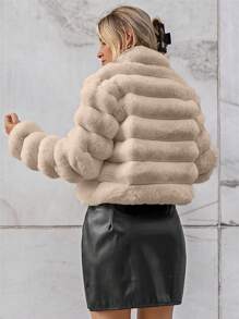 Firerie Going Out Solid Open Front Crop Fuzzy Coat, Winter, Elegant, Business , Casual, Furry, Faux Fur, Long Sleeve - Apricot - View 4