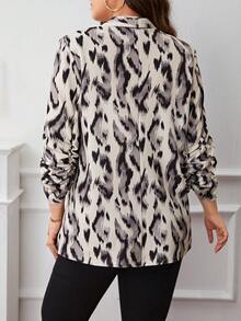 SHEIN LUNE Plus Allover Print Shawl Collar Ruched Sleeve Blazer - Black - View 3