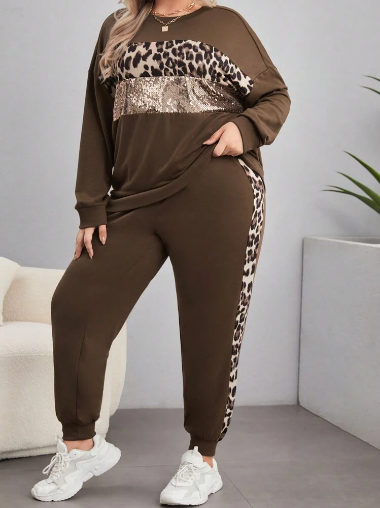 SHEIN LUNE Talla grande Pantalones deportivos con sudadera con estampado de leopardo de hombros caídos - Óxido marrón - Añade 1