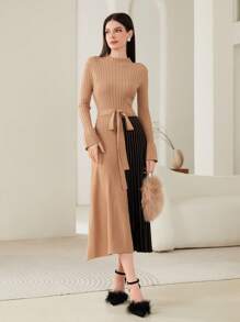 Modelyn 雙色小高領腰帶毛衣洋裝