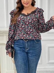 SHEIN Frenchy Plus Ditsy Floral Print Flounce Sleeve Ruffle Trim Blouse - Multicolor - View 1