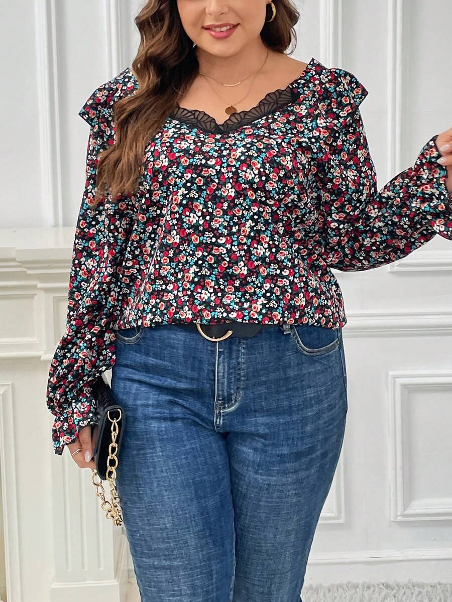 SHEIN Frenchy Plus Ditsy Floral Print Flounce Sleeve Ruffle Trim Blouse - Multicolor - View 1