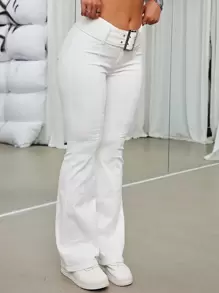 Quần jeans ống loe thắt lưng màu trơn thời trang đơn giản, phù hợp mặc hàng ngày - trắng - Xem 1