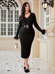 Modelyn Talla grande Vestido de punto de peluche puño de cuello con abertura de ojo sin cinturón - Negro - Ver 3