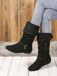 女士們時尚平底及膝靴子帶帶帶扣細節和側拉鍊 - 黑色 - 查看 3