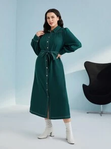 Mulvari 大碼燈籠袖拼接車縫腰帶襯衫洋裝 - 墨綠色 - 查看 2
