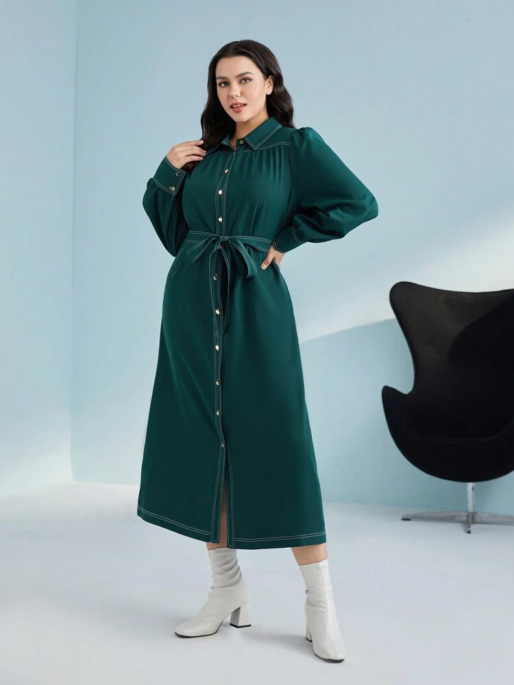 Plus Lantern Sleeve Contrast Stitch Belted Shirt Dress