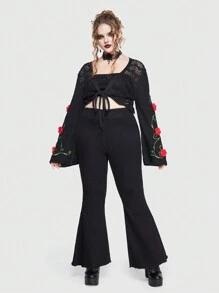 ROMWE Goth Plus Floral Embroidery Tie Front Cardigan - Black - View 5