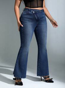 SHEIN ICON Plus Star Pattern Flare Leg Jeans - Blue - View 6